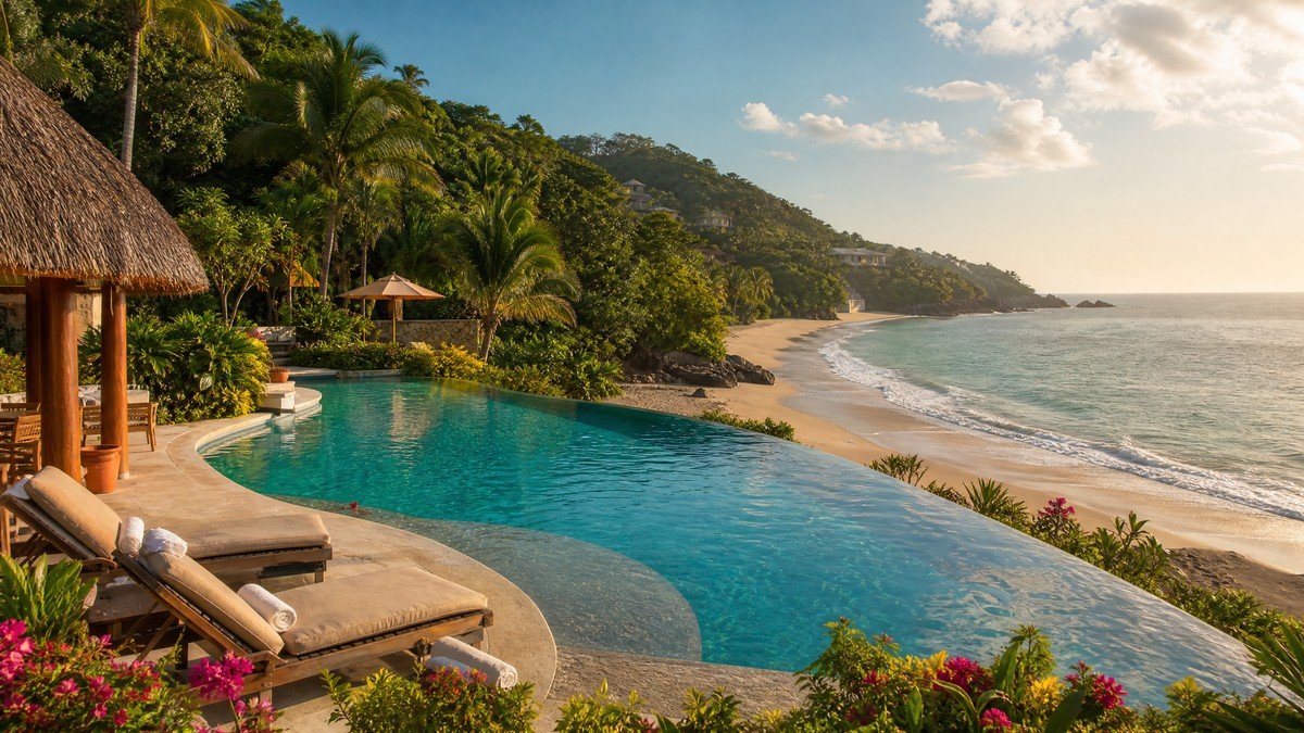 Luxury infinity pool overlooking the pristine beach of Riviera Nayarit, Mexico