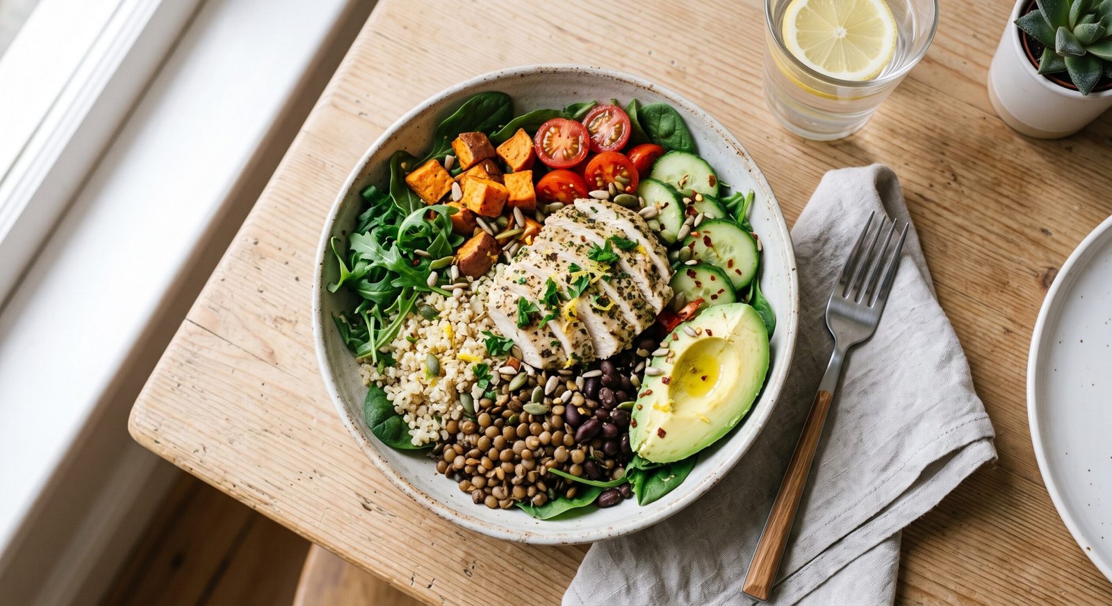 A balanced nutrient-dense meal featuring protein and fiber alongside key hunger hormone labels like GLP-1, ghrelin, and leptin.